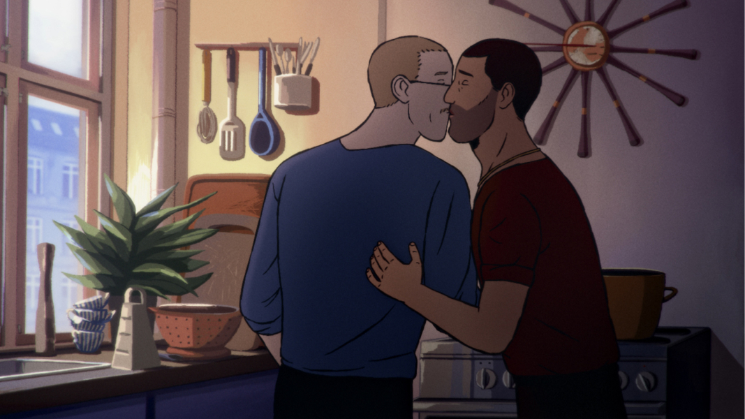 An illustration of a gay couple giving a kiss